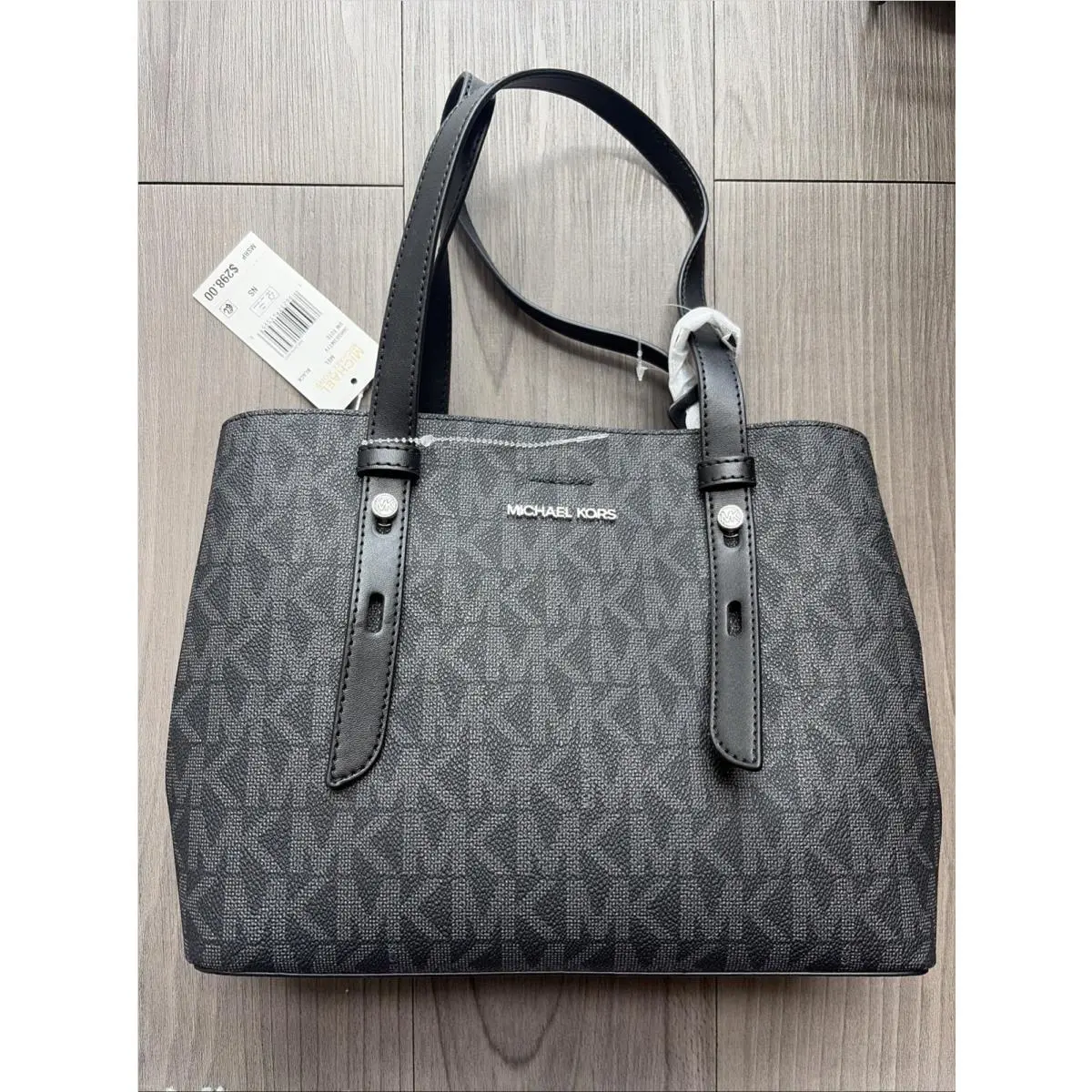 Michael Kors Mel Small Signature Tote Bag Black Gray Logo - Handle/Strap: Brown, Hardware: Silver, Exterior: Black