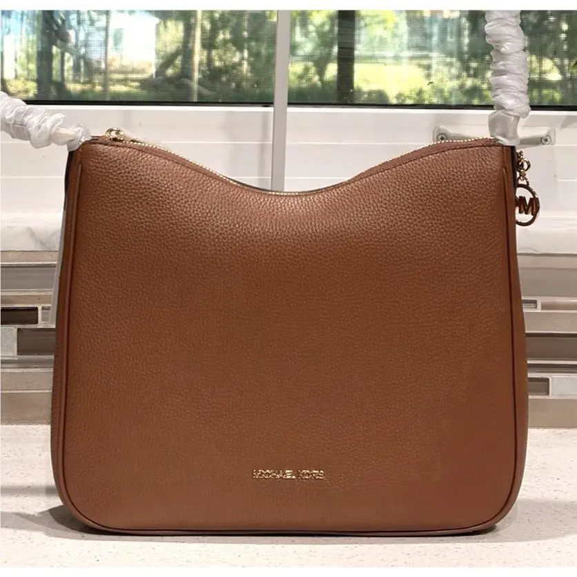 Michael Kors Nayla Medium Zip Messenger Crossbody Bag Tote Purse MK Brown Gold