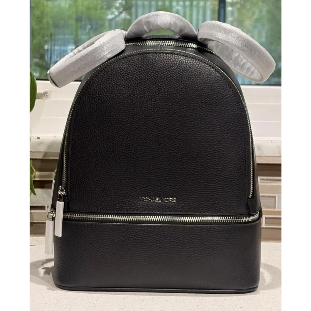 Michael Kors Rhea Medium Zip Backpack Bag Travel Tote MK Black Leather Silver