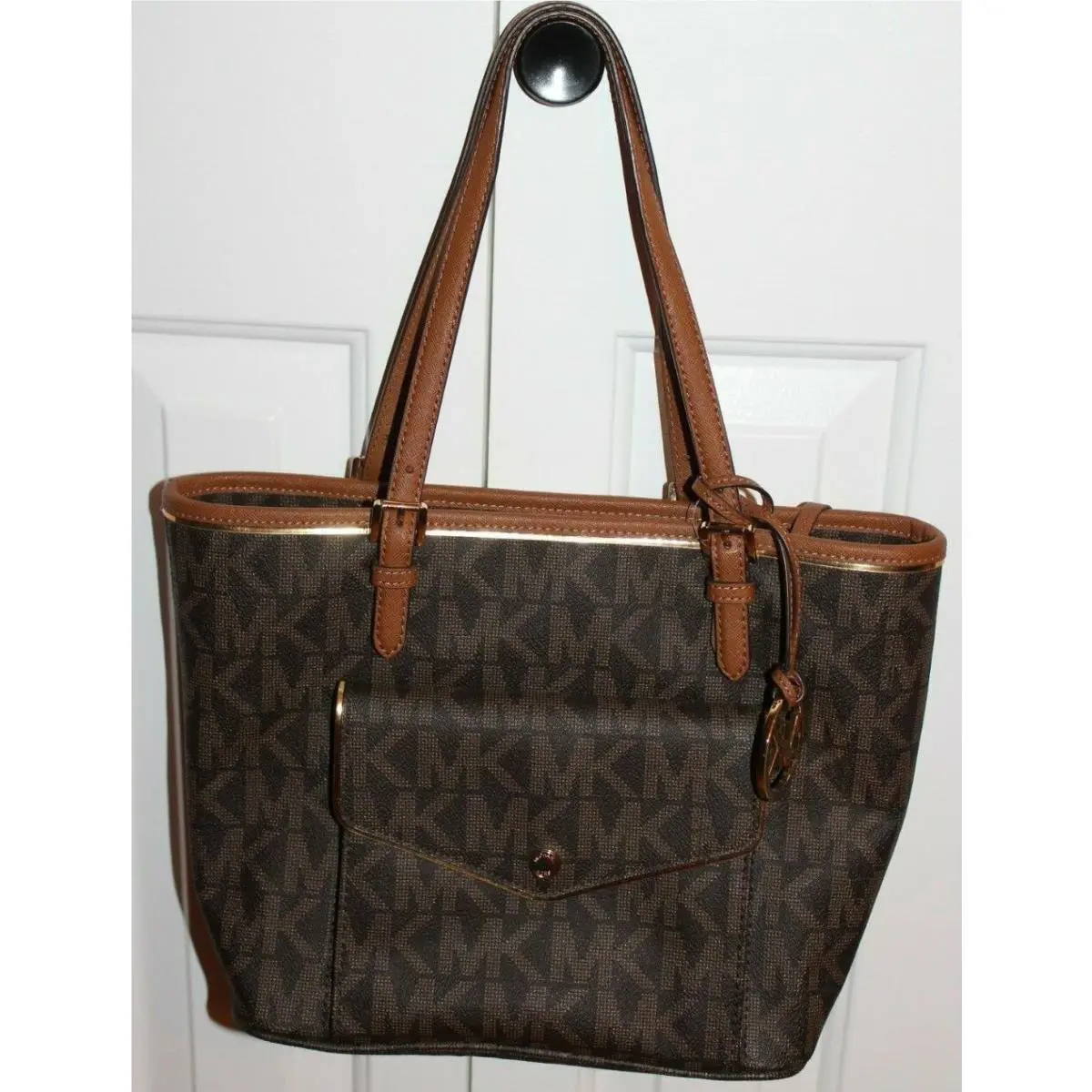 Michael Kors Signature Jet Set Medium Snap Pocket Tote Bag Brown