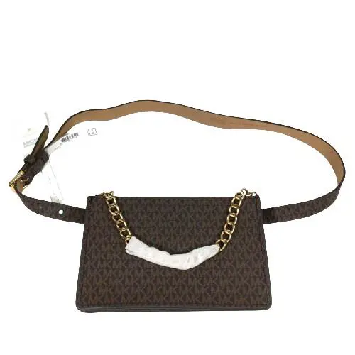 Michael Kors Signature Waist Bag Fanny Pack Logo Gold Chain Belt Brown Large