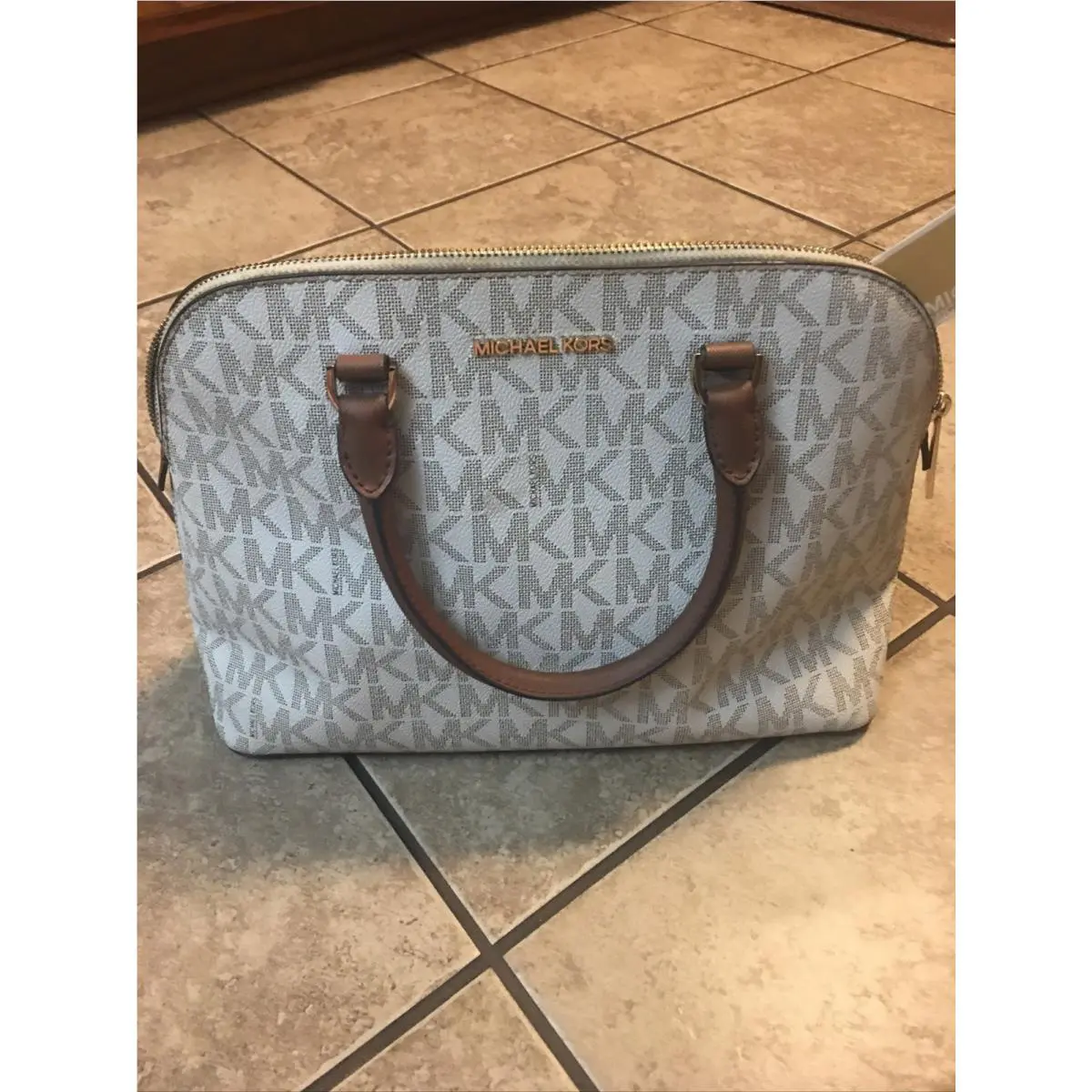 Michael Kors Cindy Vanilla Luggage Dome Satchel Purse MK Logo Print