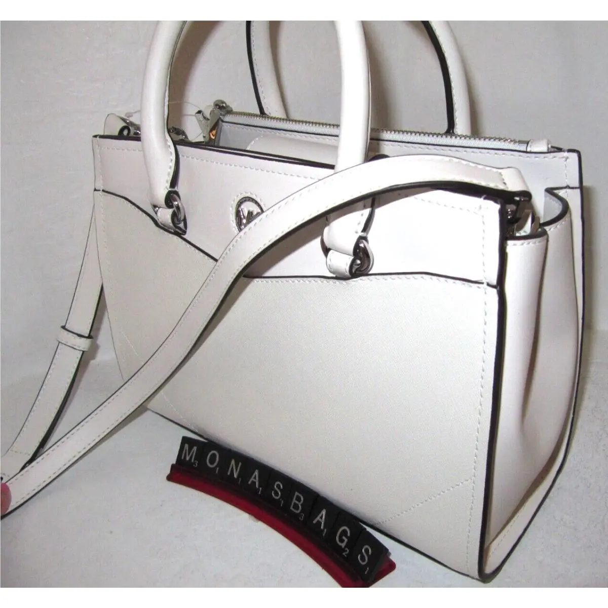Michael Kors Everly Med Optic White Leather Satchel Crossbody Bag