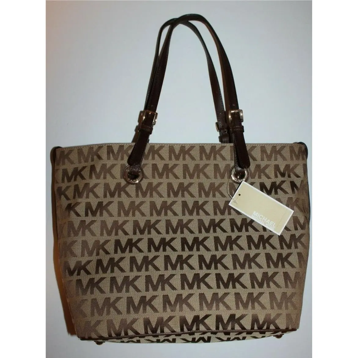 Women`s Beige/ Mocha MK Jacquard Grab Bag Tote by Michael Kors