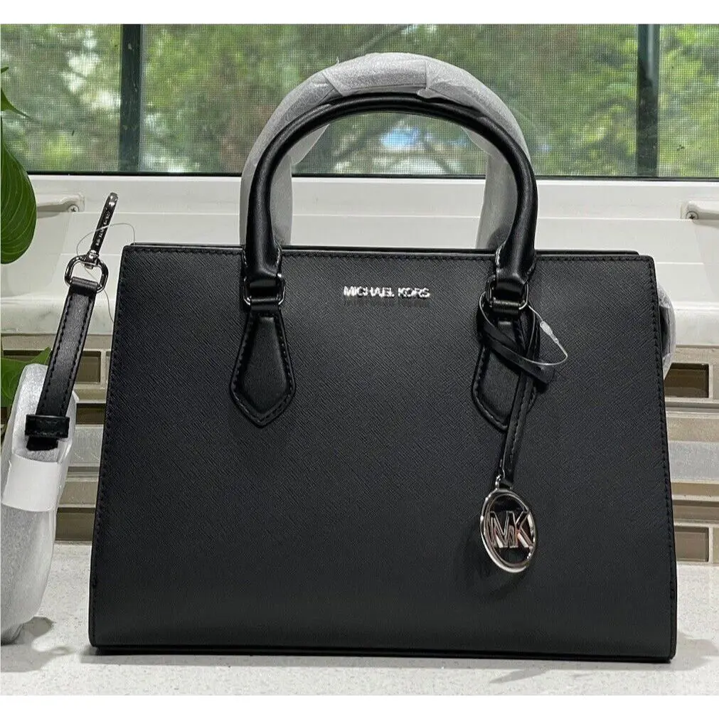 Michael Kors Sheila Medium Satchel Shoulder Bag Purse Tote Logo MK Black Silver