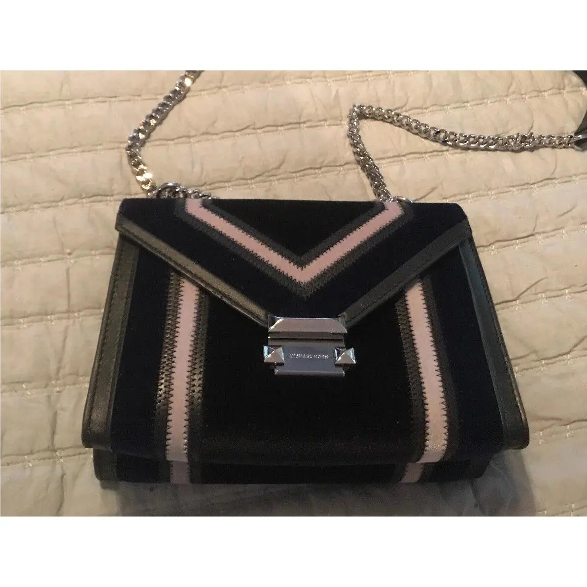 Michael Kors Whitney Leather Suede Navy Black Gray Shoulder Bag Purse