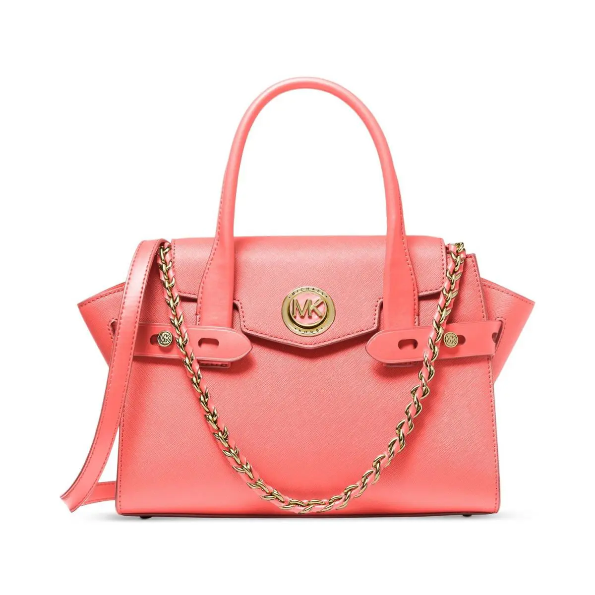 Michael Kors Carmen Small Leather Satchel Bag Pink Grapefruit 30S0GNMS1L - Handle/Strap: Pink, Hardware: Gold, Exterior: Pink