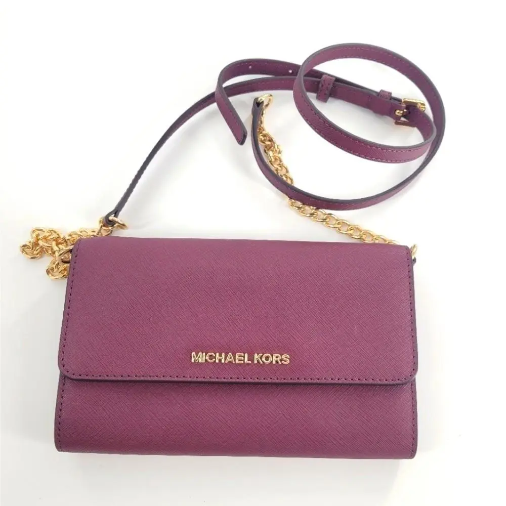 Michael Kors Wallet Saffiano Leather Purse Crossbody Clutch Jet Set Chain Strap
