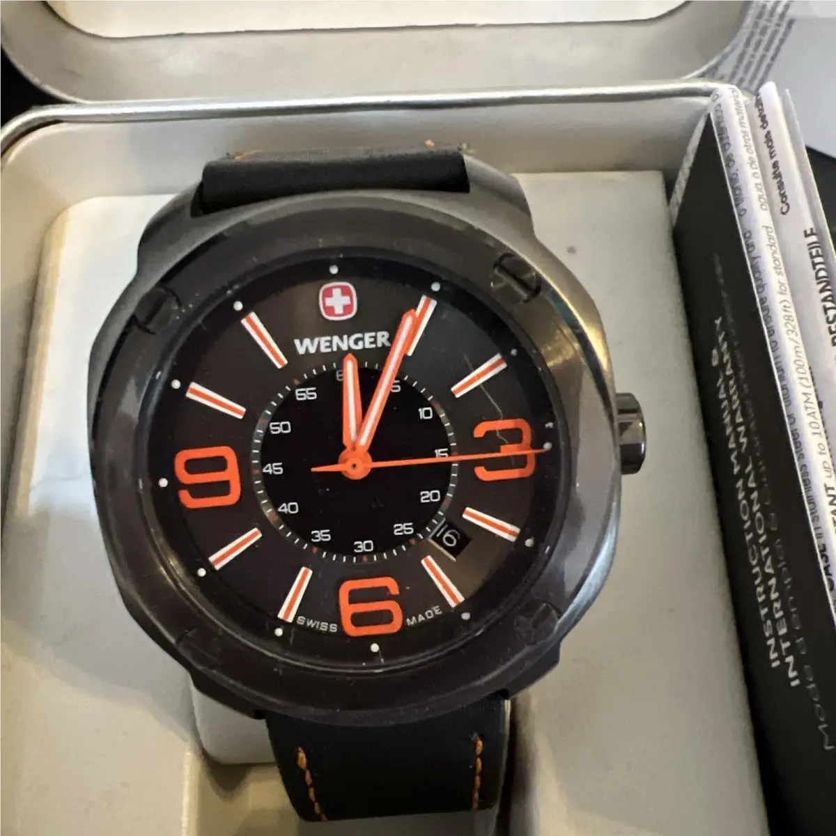 Wenger Escort Black Dial Black Leather Strap Men`s Watch Needs Battery