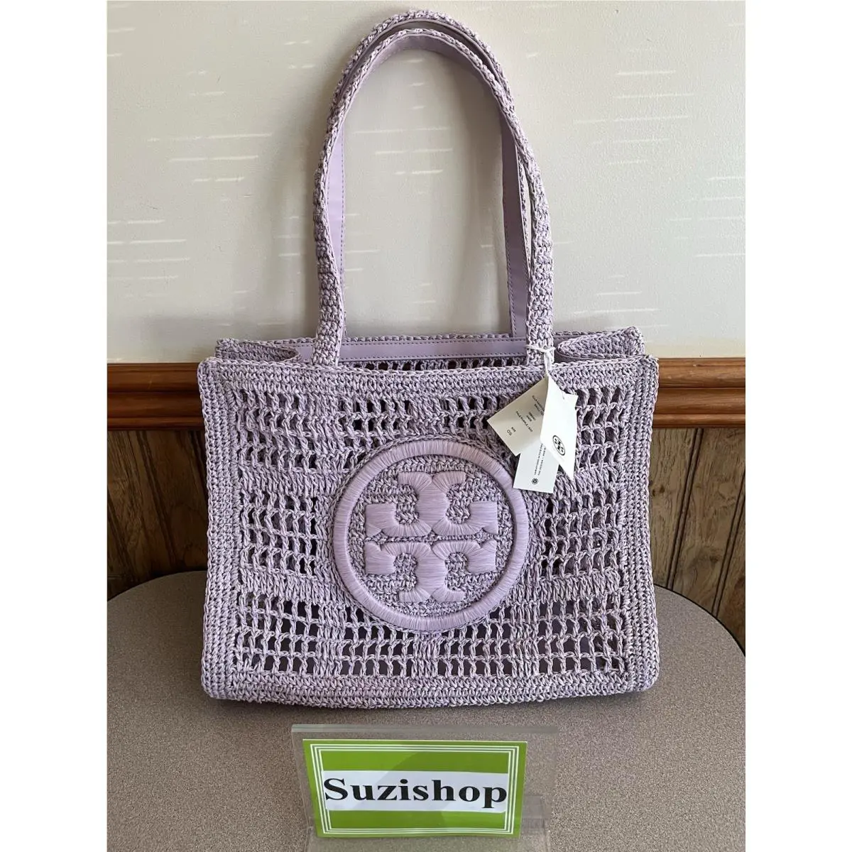 Tory Burch Small Ella Hand Crocheted Raffia Tote Pale Purple