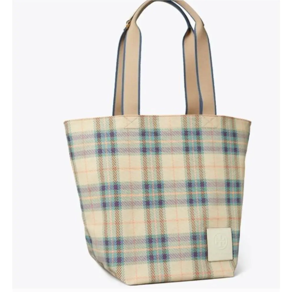 Tory Burch Ella Deconstructed Ella Canvas Leather Tote Lakeside Plaid