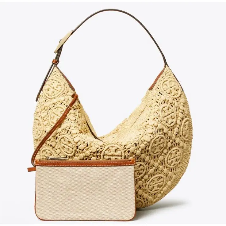 Tory Burch T Monogram Raffia Balloon Bag Natural