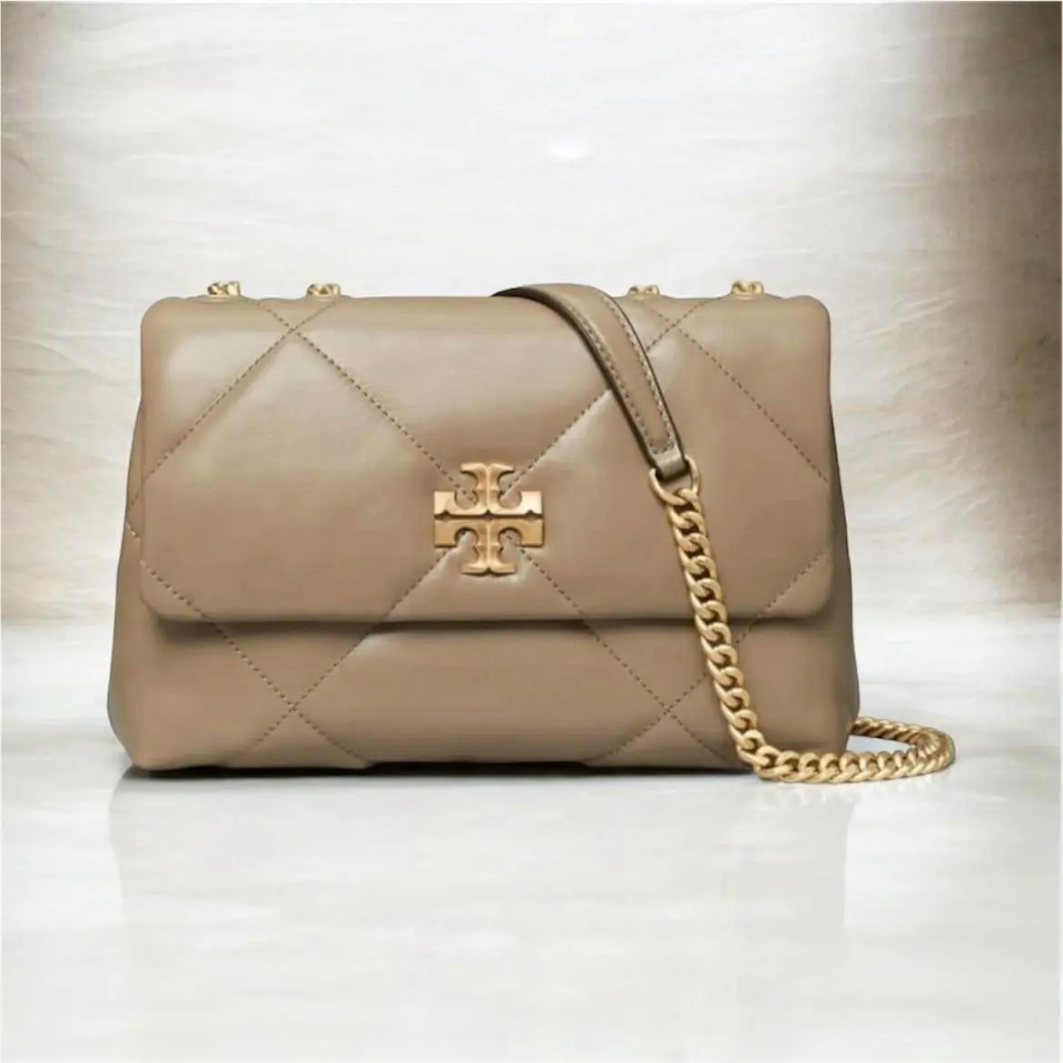 Tory Burch Taupe Oak Diamond Quilt Convertible Shoulder Cross Body Bag
