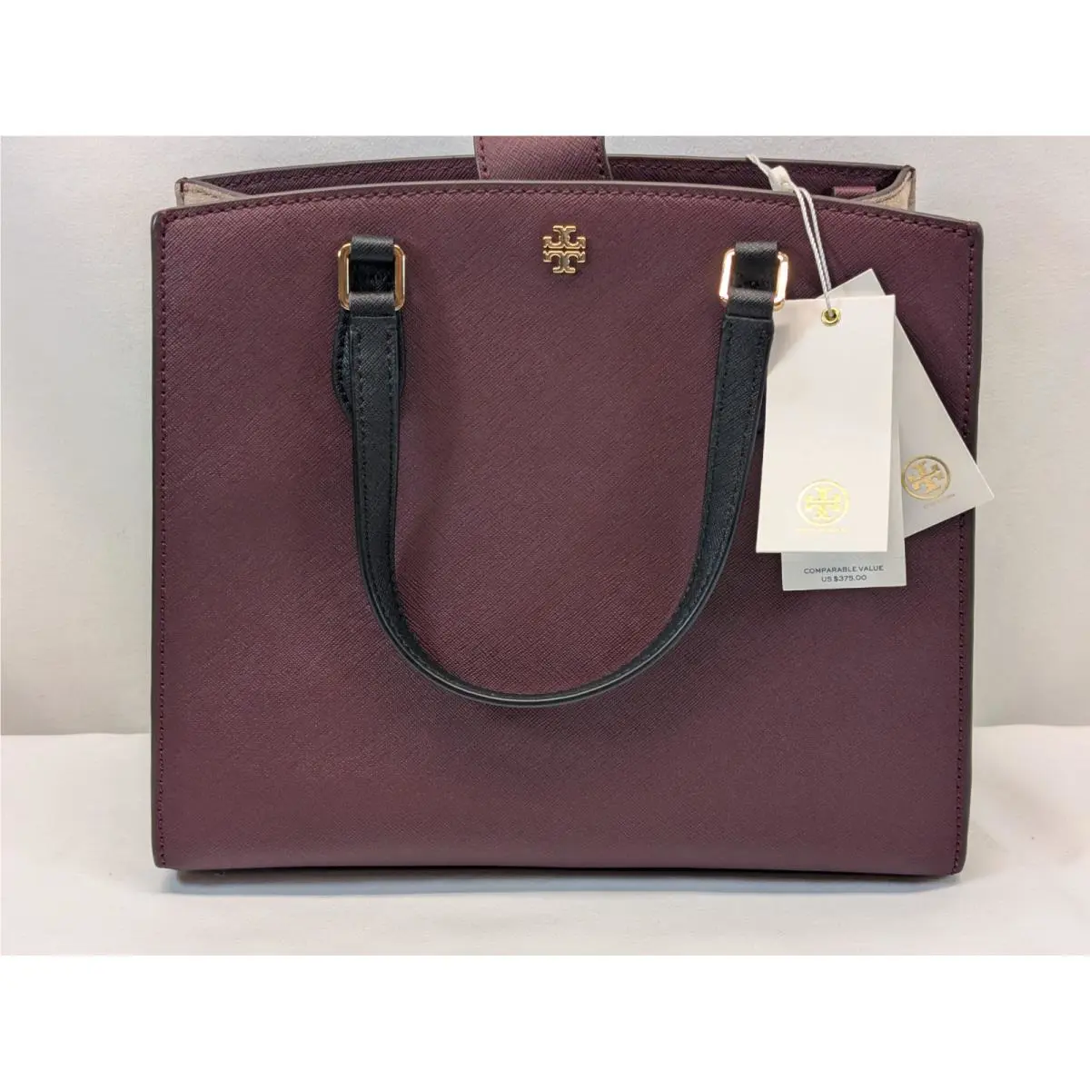 Tory Burch Emerson 84742 Claret Black Saffiano Satchel Bag