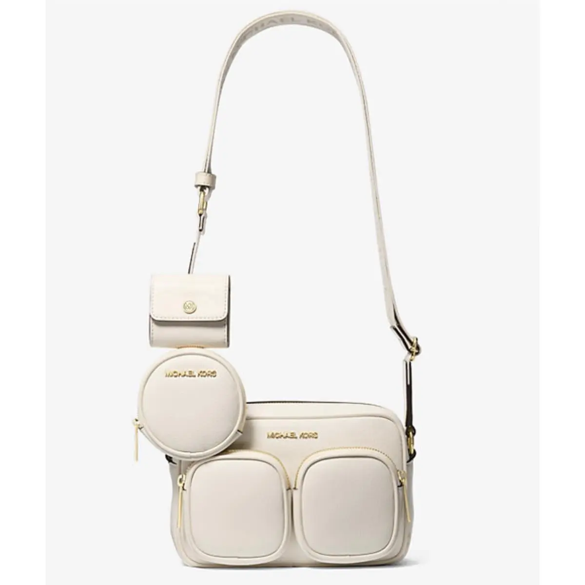 Jet Set MD Leather Pocket Xbody Bag W/tech Attached Light Cream by Michael Kors