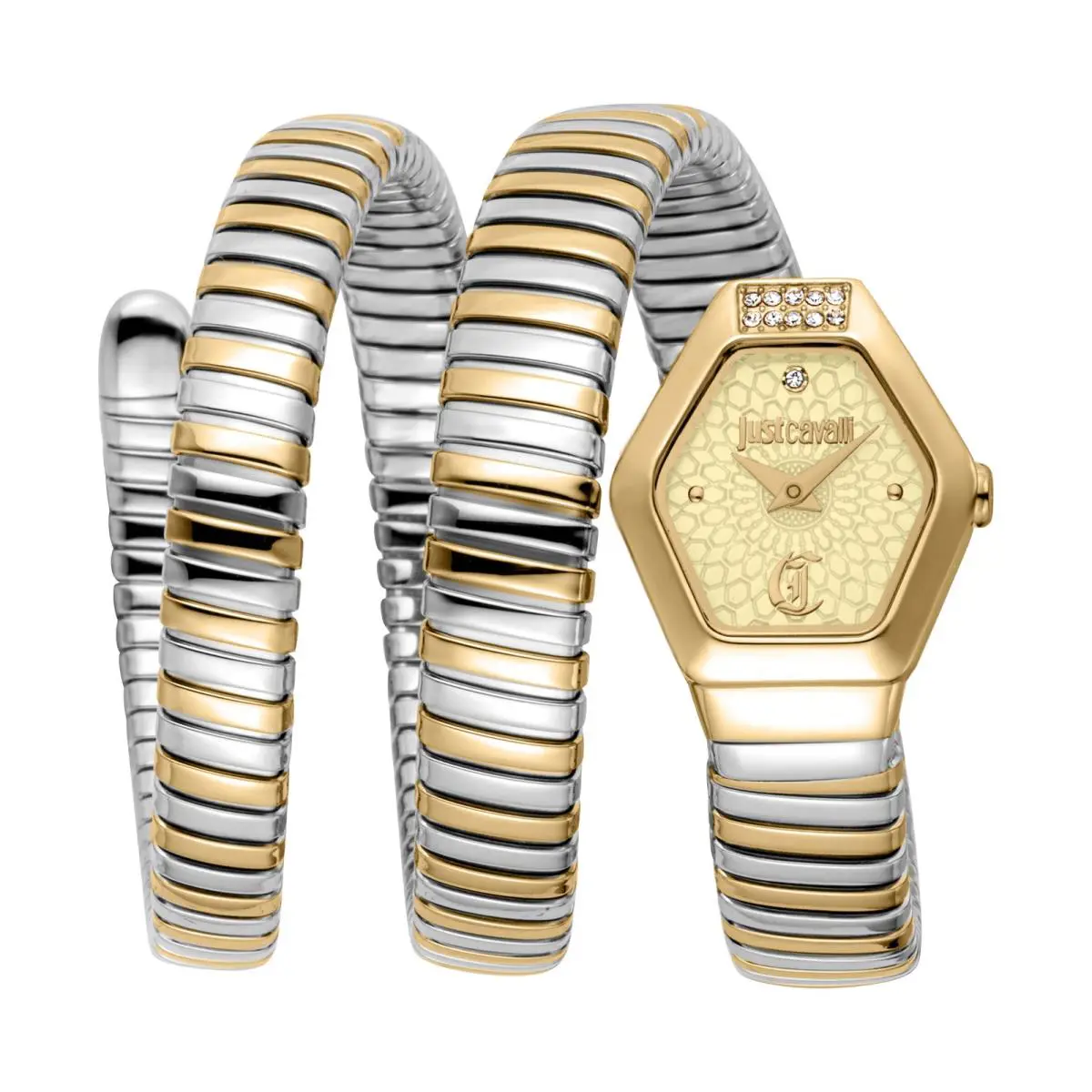Just Cavalli Women`s Snake 22.5mm Quartz Watch JC1L395M0055 - Dial: Gold Tone, Band: Two Tone, Other Dial: Champagne