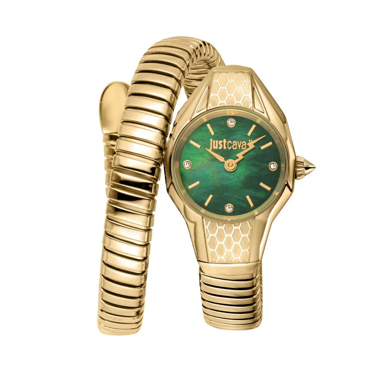 Just Cavalli Women`s Snake 22mm Quartz Watch JC1L375M0035 - Dial: Green, Band: Gold Tone, Other Dial: Green Mother-of-Pearl