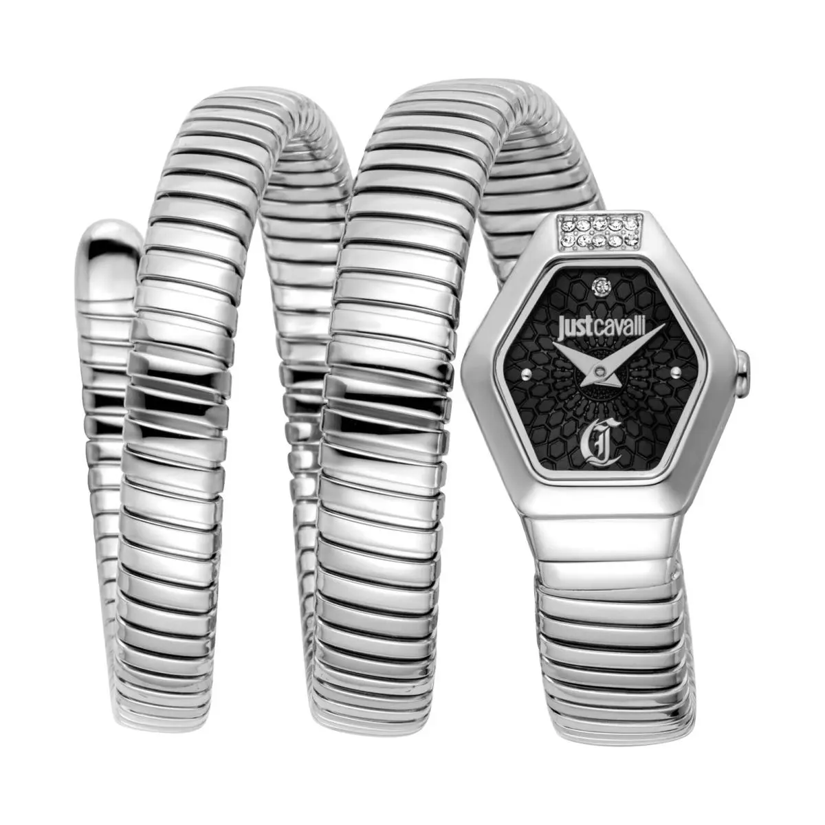 Just Cavalli Women`s Snake 22.5mm Quartz Watch JC1L395M0015 - Dial: Black, Band: Silver Tone, Other Dial: Black