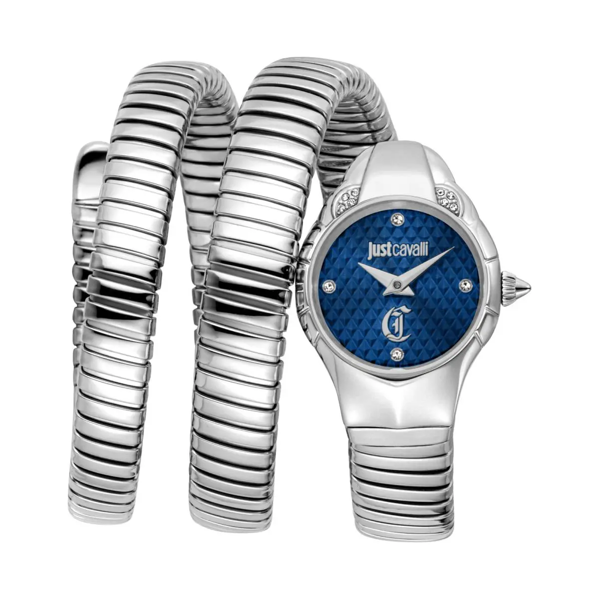 Just Cavalli Women`s Snake 22.5mm Quartz Watch JC1L393M0015 - Dial: Blue, Band: Silver Tone, Other Dial: Dark Blue