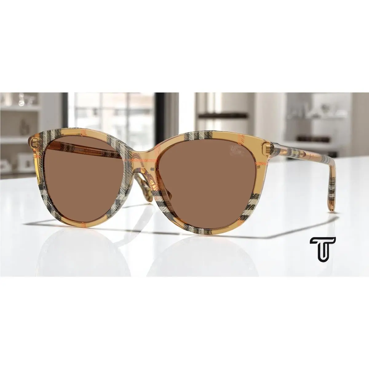 BE4455 416373 Check Sand Dark Brown 55 mm Women`s Sunglasses by Burberry