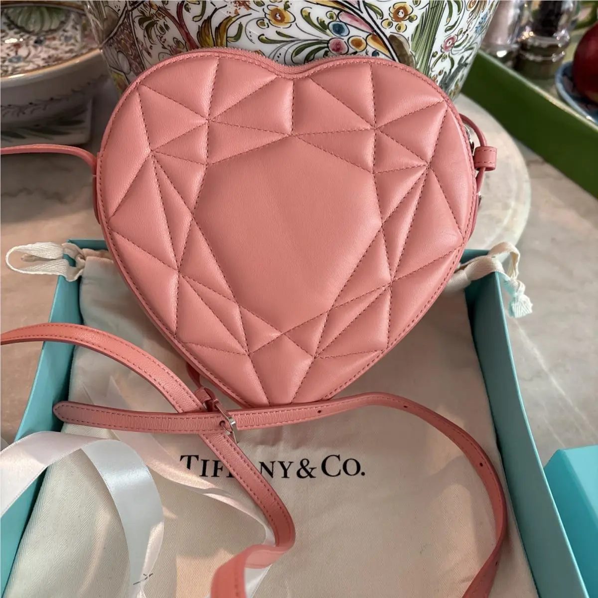 Tiffany Co. Pink Heart Quilted Crossbody Bag Purse - Box Dust Bag 8x7.5