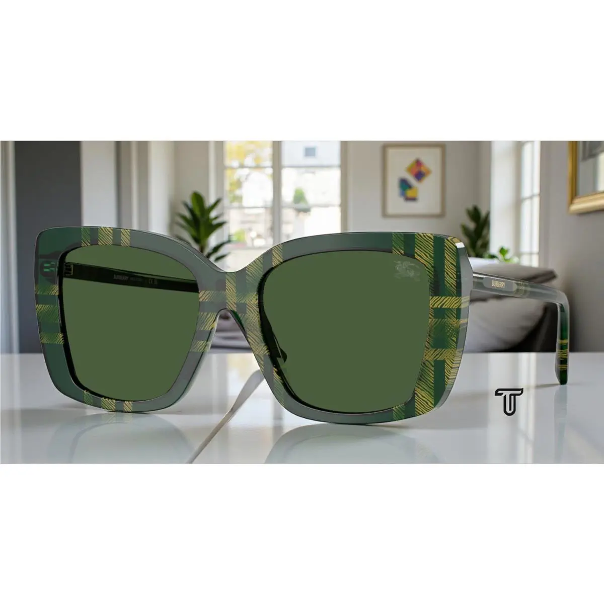 Burberry BE4456 416971 Check Green Dark Green 54 mm Women`s Sunglasses
