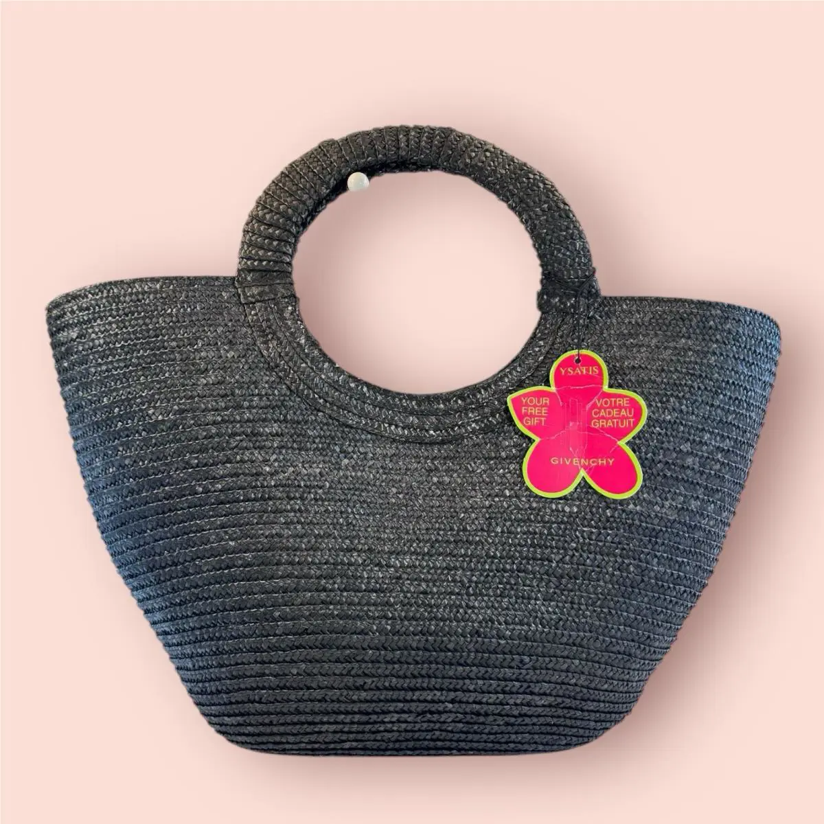 Givenchy Ysatis Parfums Vintage Black Woven Raffia Straw Tote Bag
