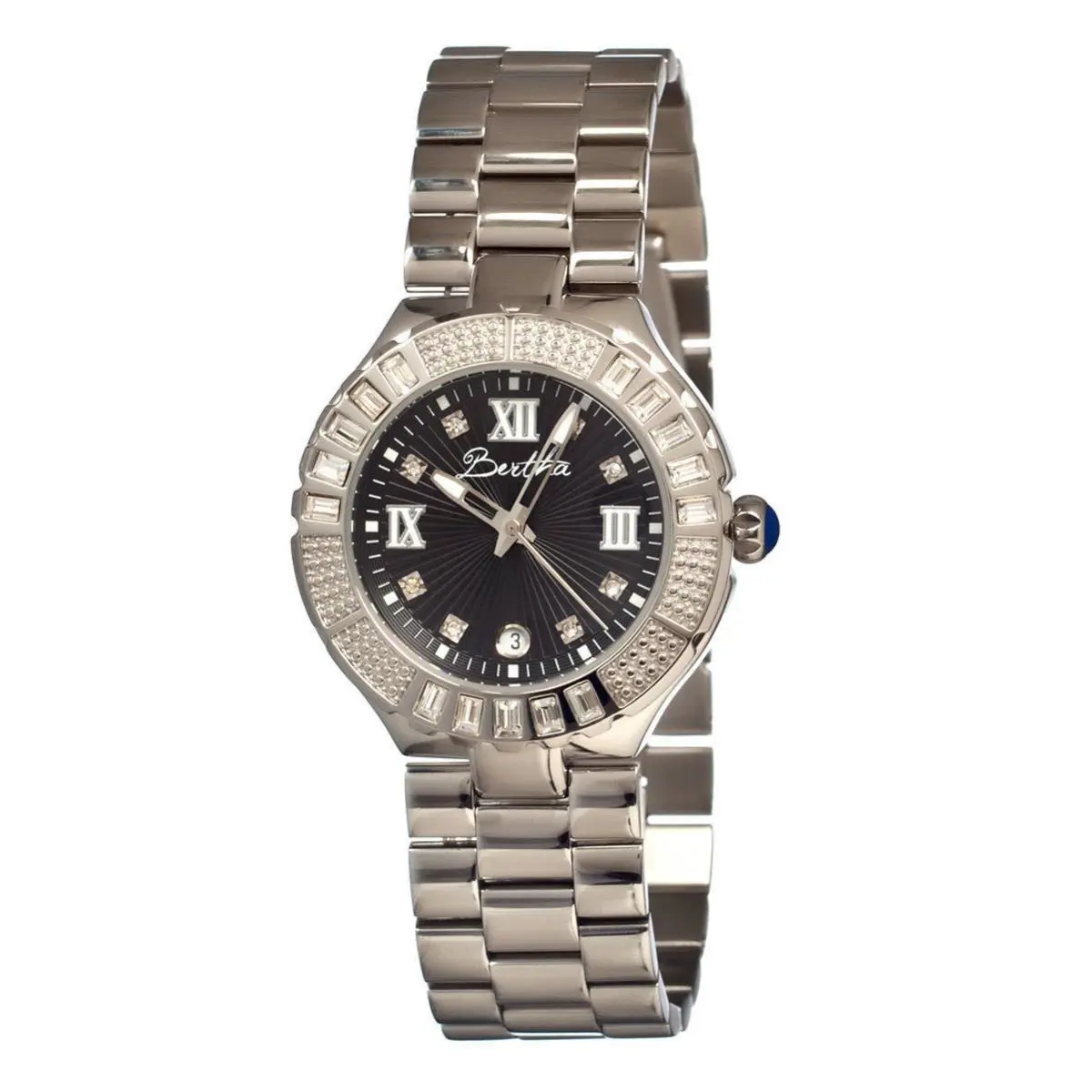 Bertha Watch Evelyn Black Face Silver Link Bracelet