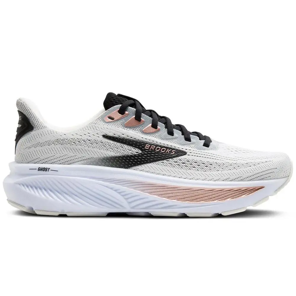 Women`s Brooks Ghost 17 White/black/rose Gold 9 D Wide - Multicolor