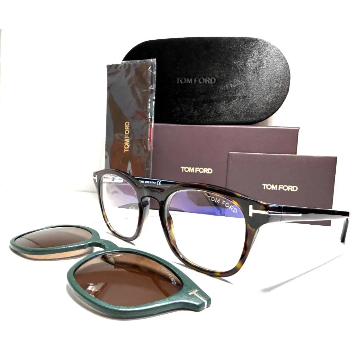 Tom Ford TF5532-B 52J Havana/green Leather Clipon Grey Lens Eye-sunglasses 49-21