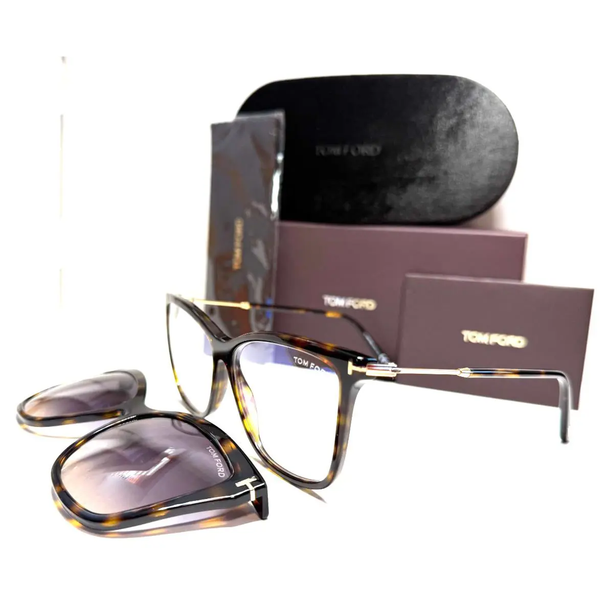 Tom Ford TF5824-B 052 Havana/clip-on W/blue Gradient Lenses Eye-sunglasses 56-14 - Frame: DARK HAVANA GOLD