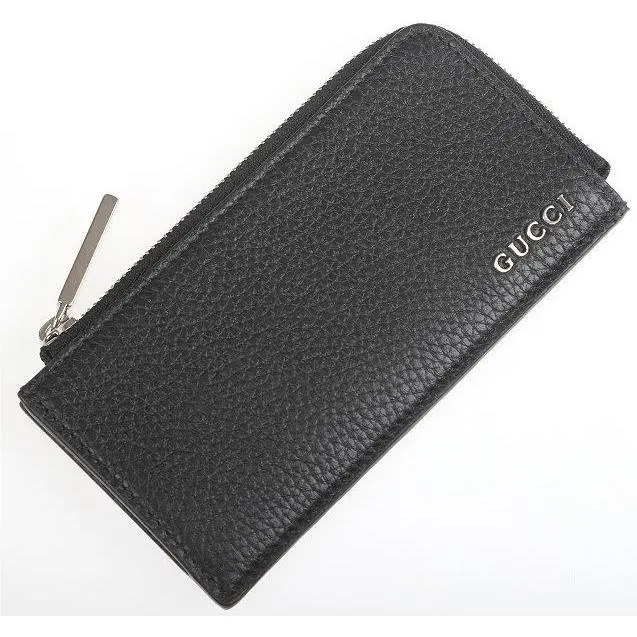 Gucci Black Grain Leather Logo Zipped Credit Card Case Wallet W/box