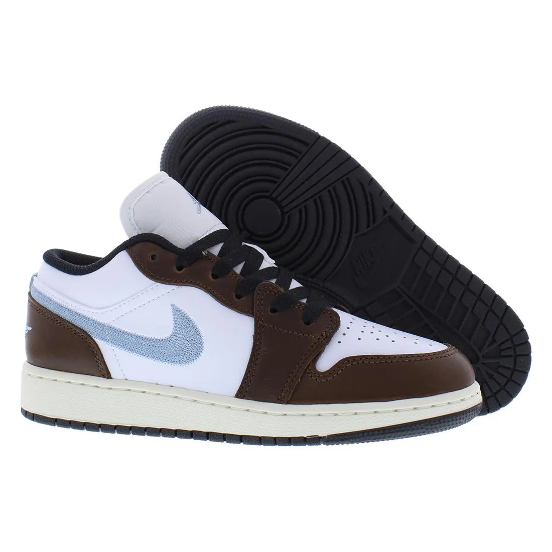 Nike Air Jordan 1 Low SE Leather GS Boys Shoes - White/Black/Sail/Blue Grey, Main: Brown