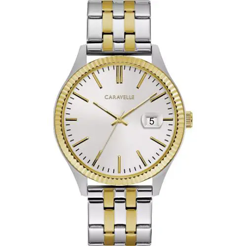 Caravelle by Bulova Dress Two Tone White Dial Mens Watch 45B148 - Dial: White, Band: Gold, Silver, Bezel: Gold