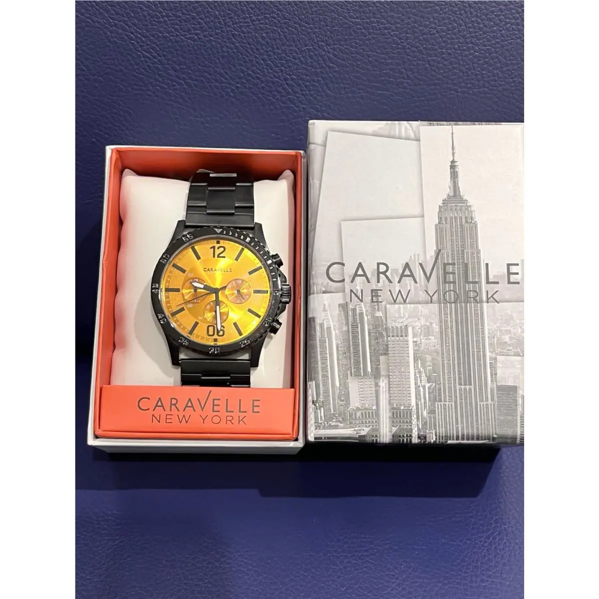 Caravelle By Bulova Men`s 44mm Quartz Watch Black Stainless Steel Orange Dial