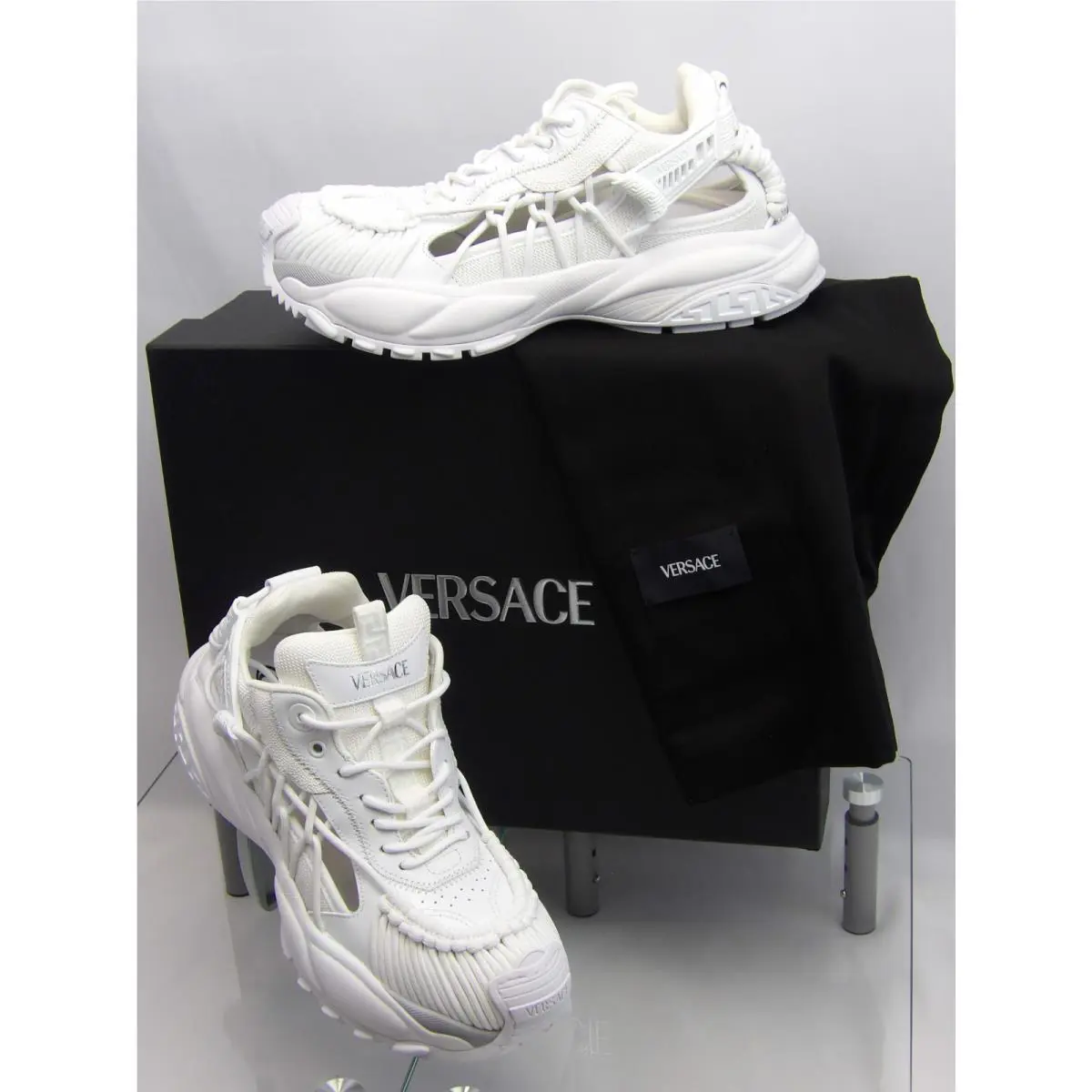 Versace Mercury White Leather Sci FI Top Platform Sneakers 48 15 Italy