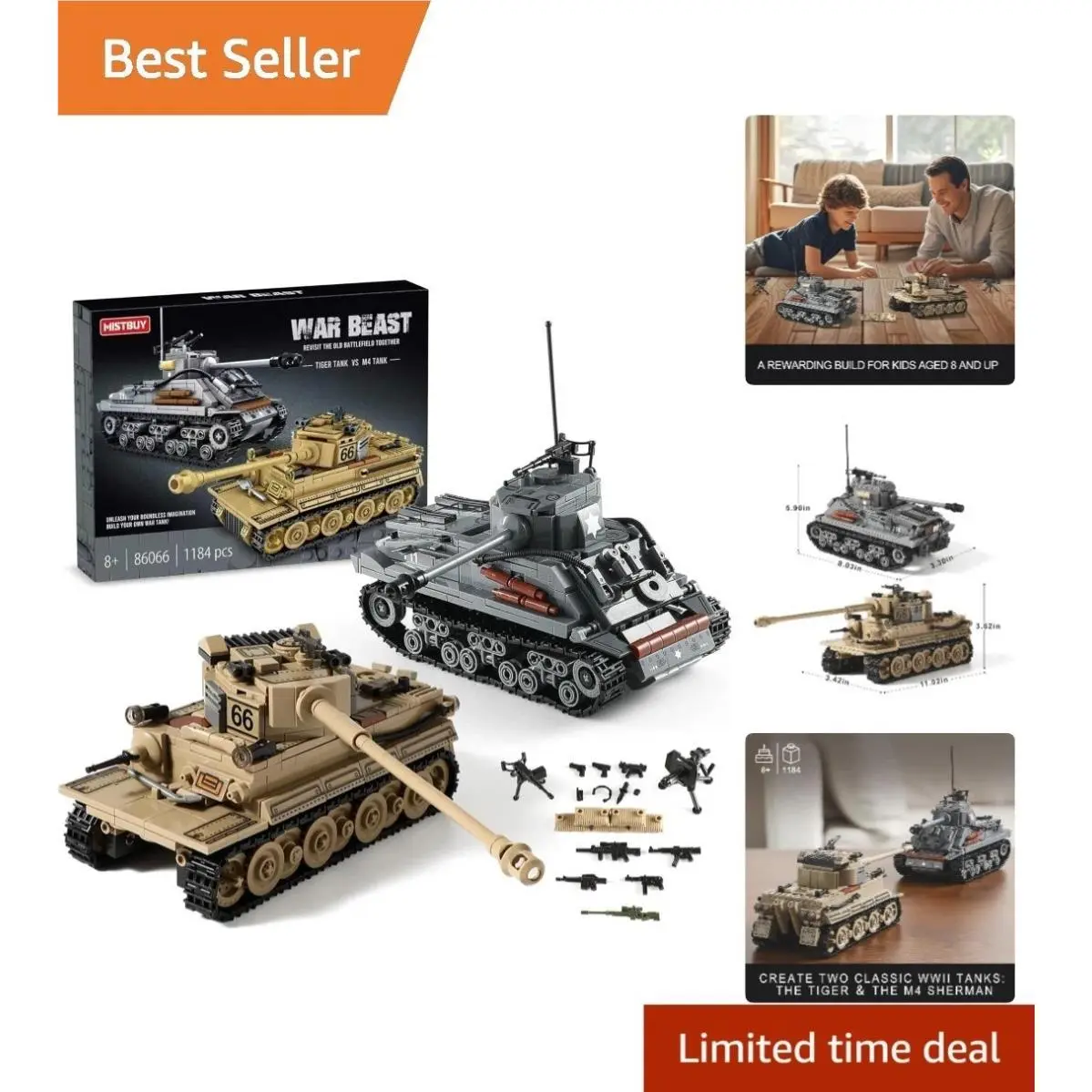 Military Tank Building Set: Create German Tiger M4 Sherman with 1184 Blocks