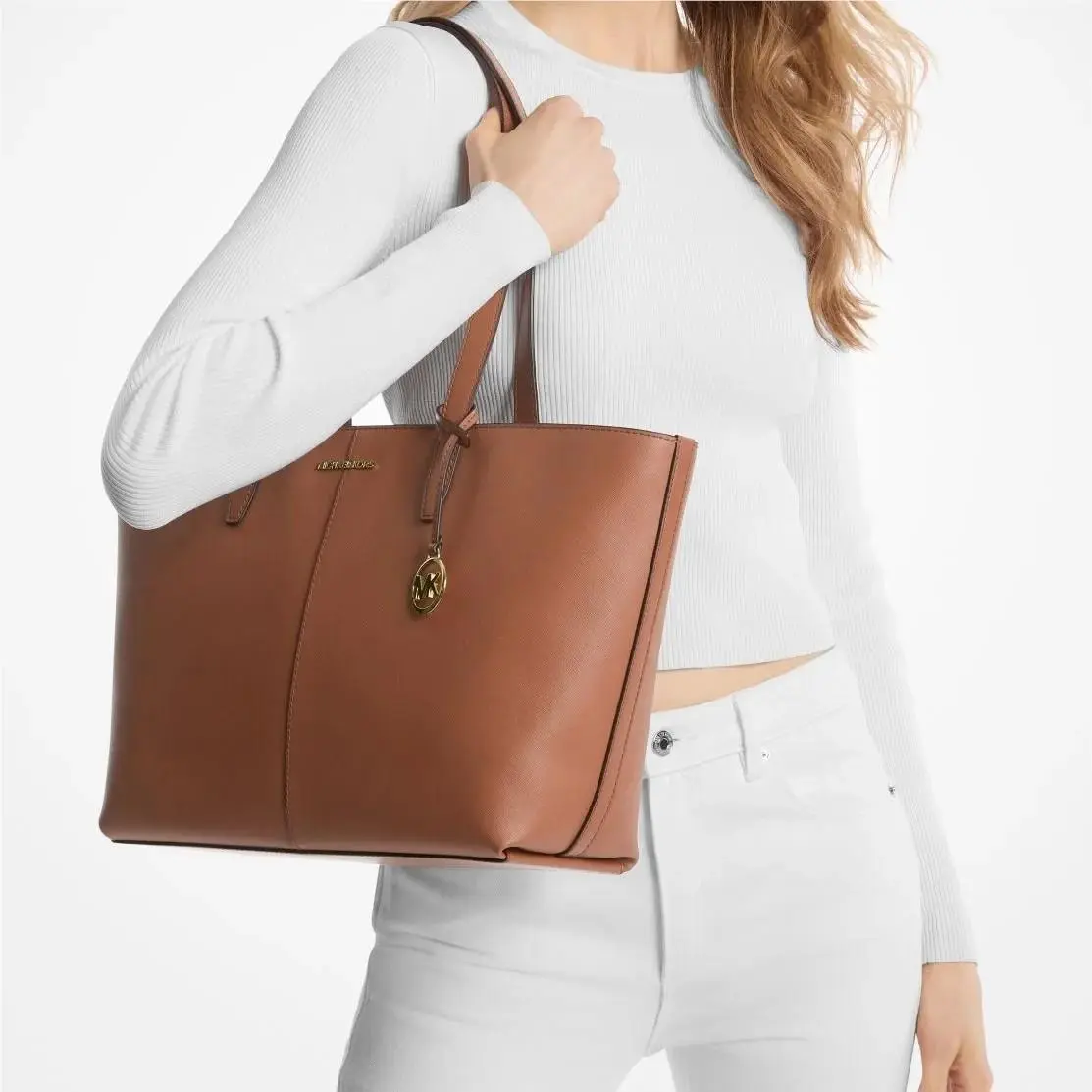 Michael Kors Women`s Jet Set Travel Saffiano Leather Medium Zip Top Tote-luggage