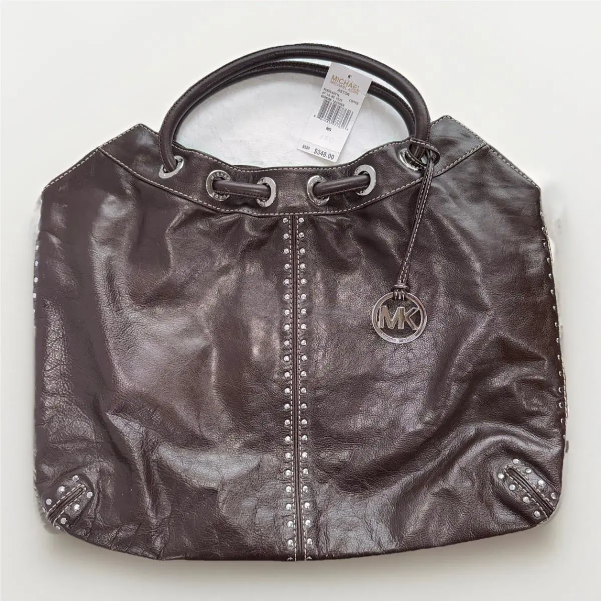 Michael Kors Astor Studded Dark Brown Leather Ring Tote XL Shoulder Bag
