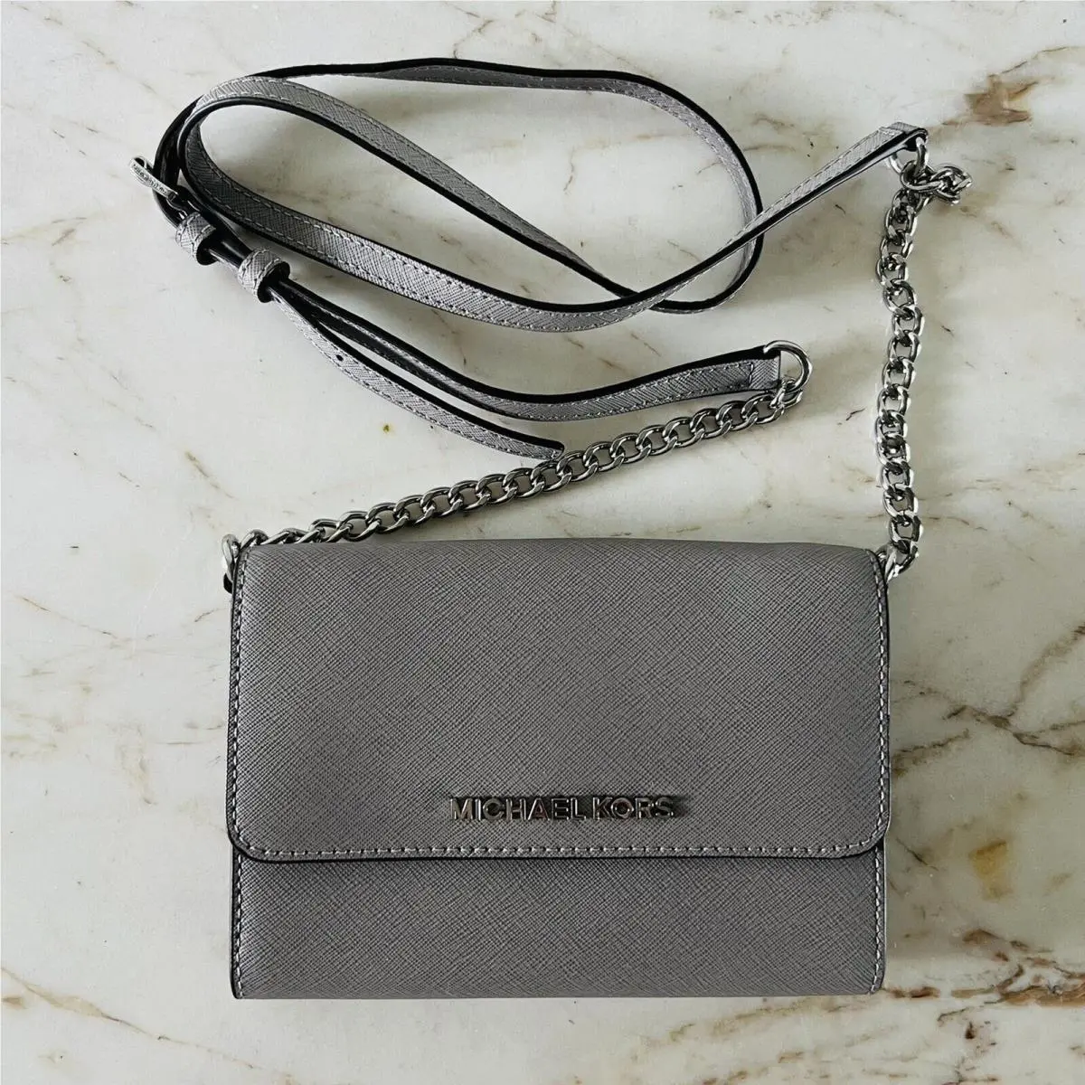 Michael Kors Jet Set Travel Pearl Grey Leather Phone Crossbody Bag