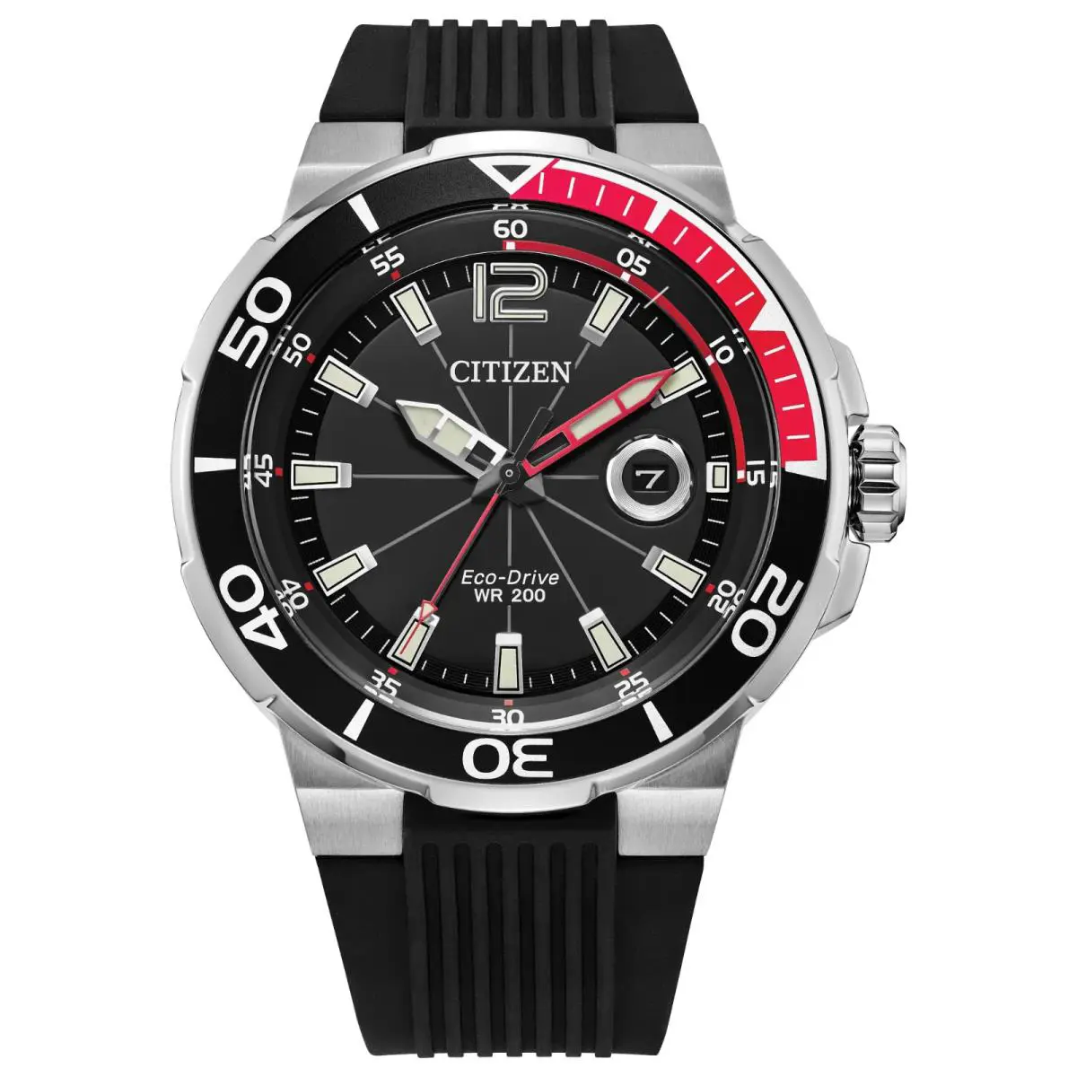Citizen Eco Drive Men`s Sport Luxury Polyurethane Band Dive Watch AW1429-00E - Dial: Black, Band: Black, Bezel: Black, Red