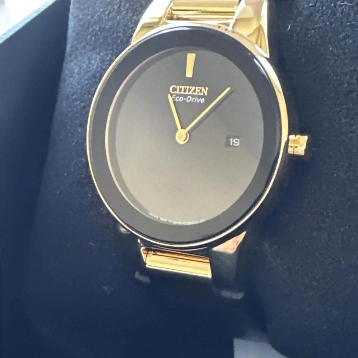 Citizen Eco-drive Women`s Date Gold-tone Case Leather Band 30mm Watch GA1052-04E