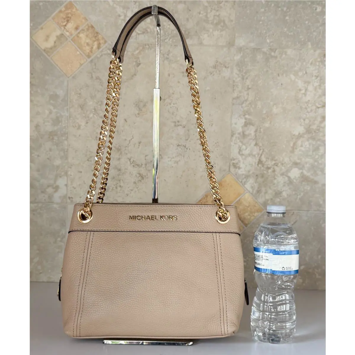 Michael Kors Jet Set Item Medium Chain Tote Shoulder Leather Bag Bisque