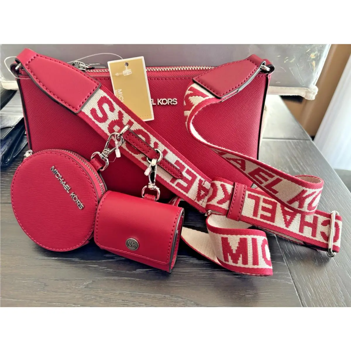 Michael Kors Jet Set Travel Crossbody Bag Tech Attached MK Dark Raspberry