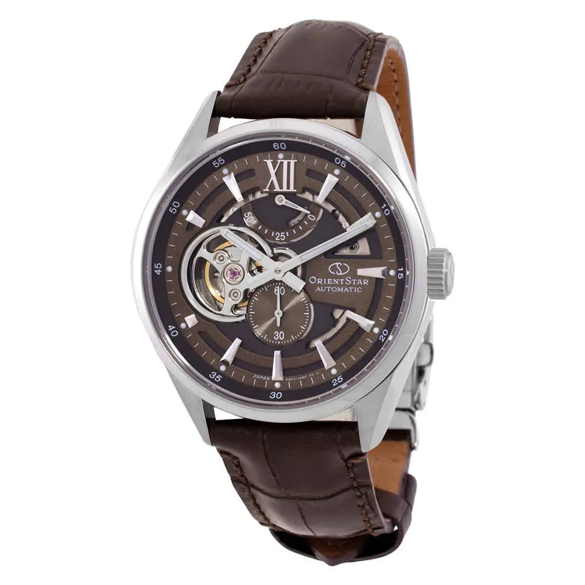 Orient Contemporary Modern Skeleton Automatic Men`s Watch RE-AV0139Y00B - Dial: Brown, Band: Brown, Bezel: Silver-tone
