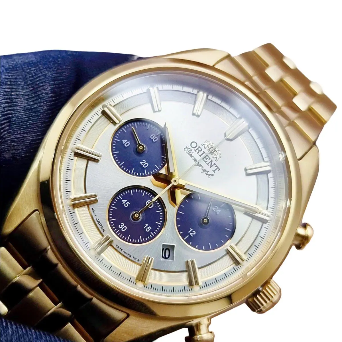 Orient Stretto Sapphire Crystal Gold Dial Chronograph Men`s Watch RN-TX0301G