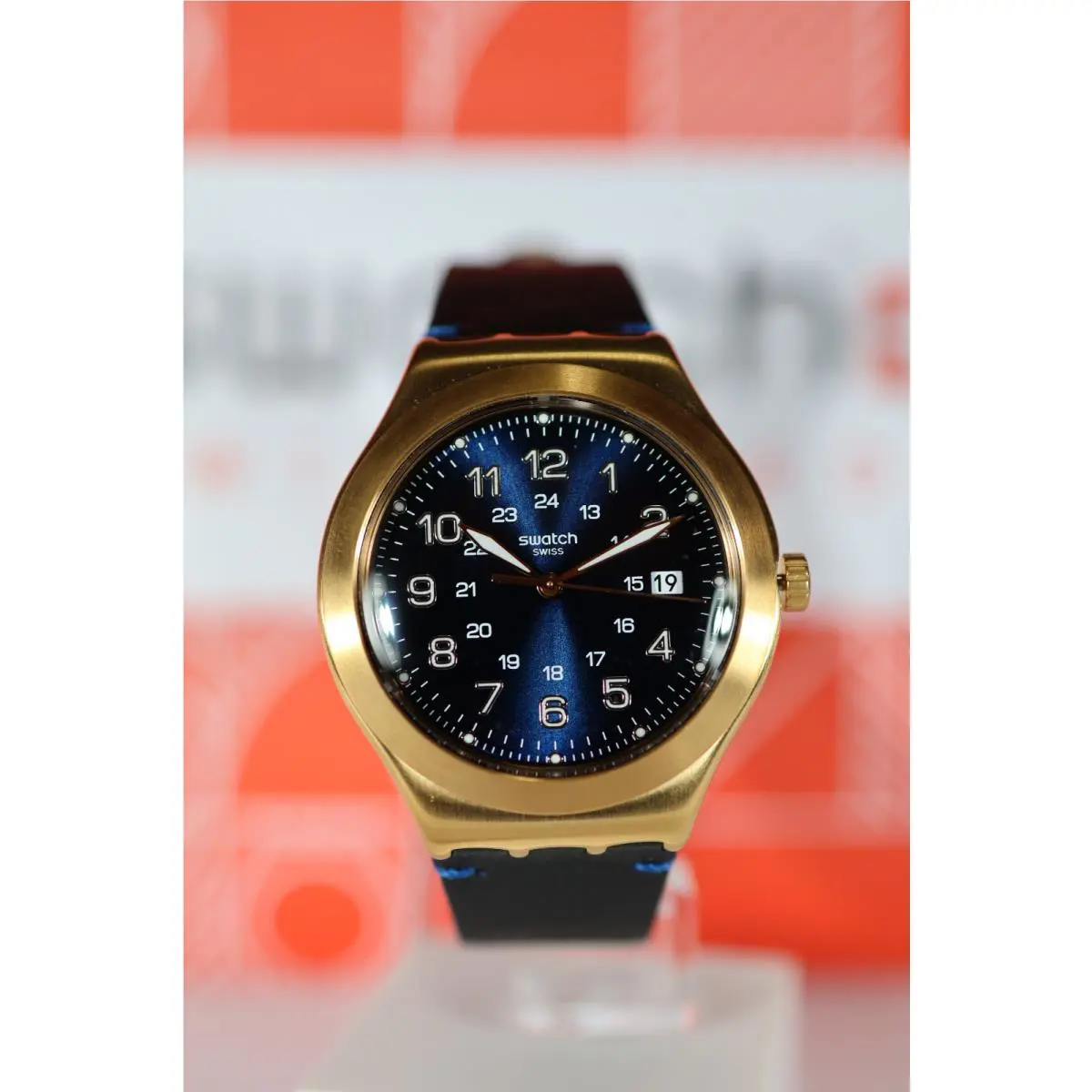 Limited Swiss Swatch Made Irony Gold Colored Blue Happy Joe Golden YWG408 41MM