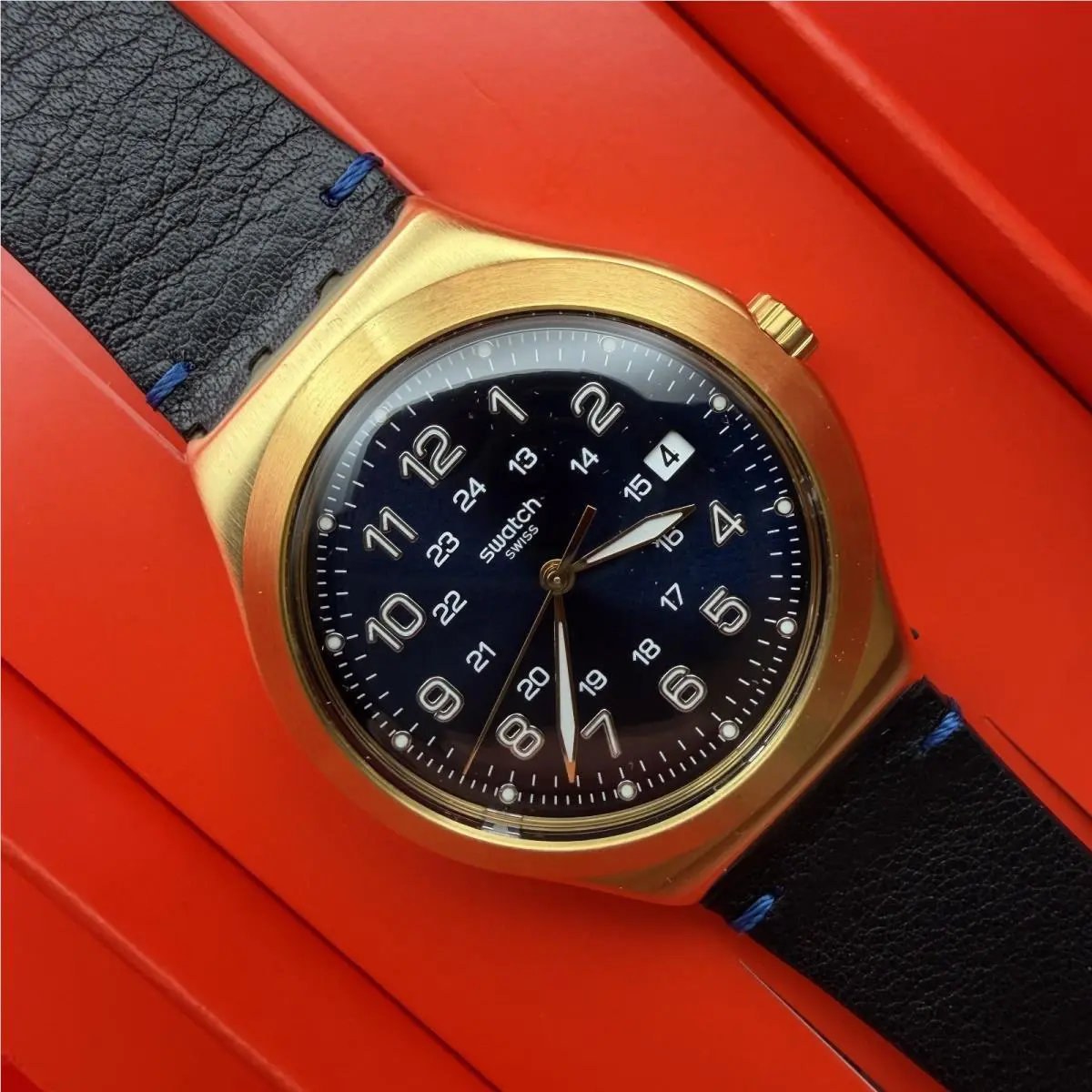 Happy Joe Golden YWG408 Irony Swiss Quartz Gold Blue Leather Watch 41mm by Swatch