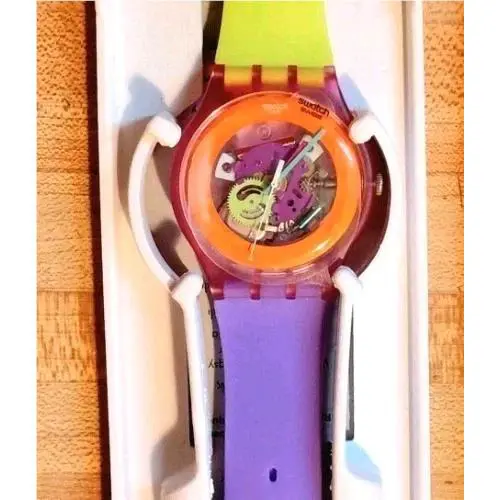 Swatch Dip In Color Orange Skeleton Dial Yellow and Purple Silicone Watch