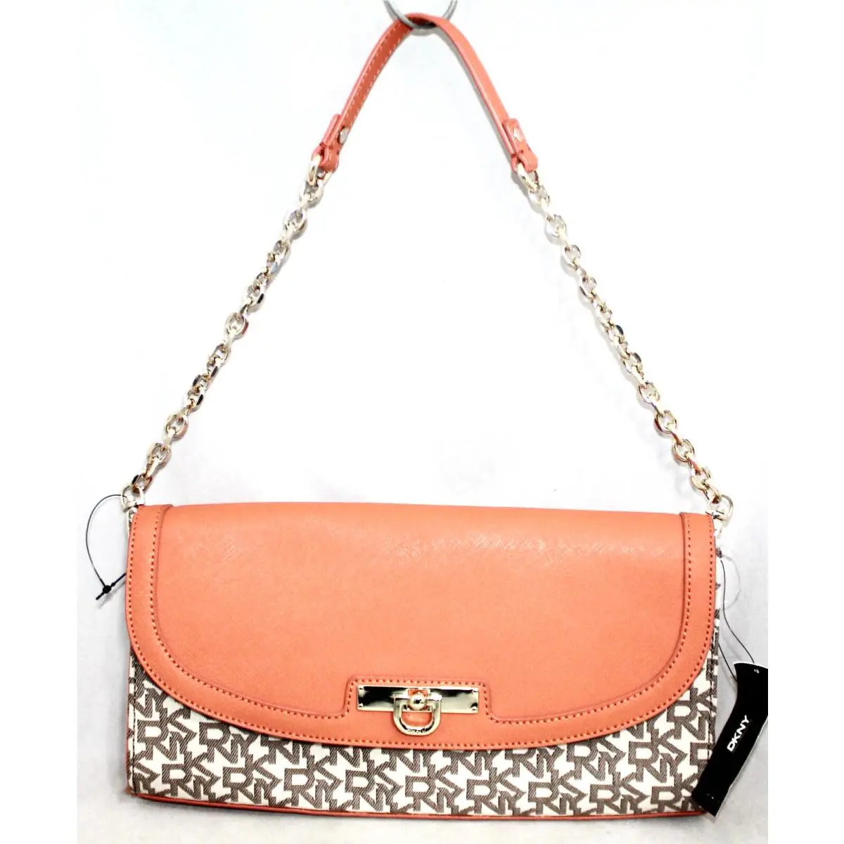 Dkny Signature Chain Clutch Shoulder Bag Chino Fabric Orange Leather Flap